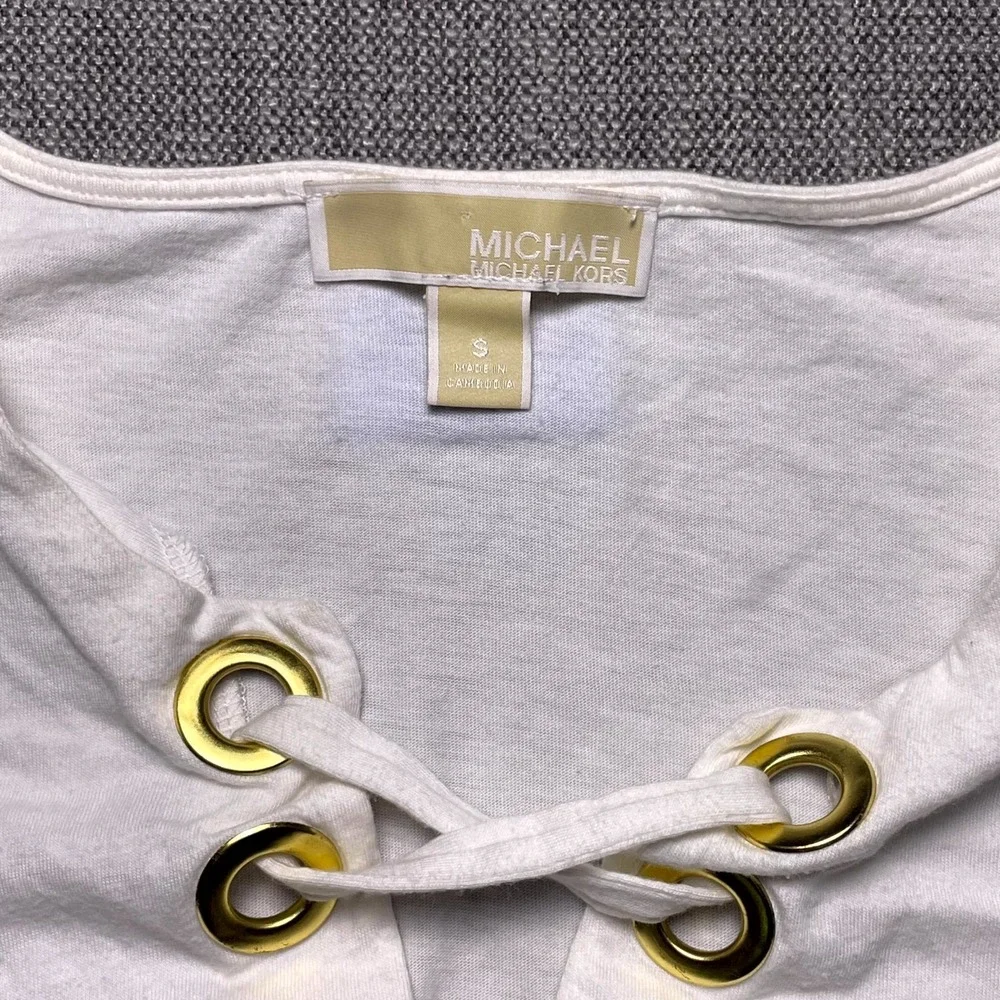 Michael Kors Womens White Lace Up Split Neck T Shirt Side Slit Round Hem Small